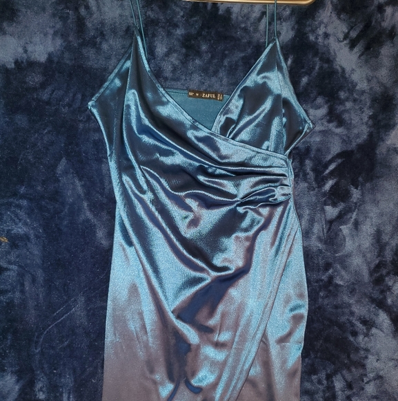 Peacock Blue Cami Draped Crossover Slip Dress - Picture 5 of 14